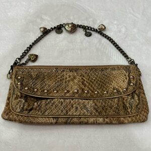 KATHY VAN ZEELAND Faux Snakeskin Wallet Wristlet Purse with Ornate Chain - brown